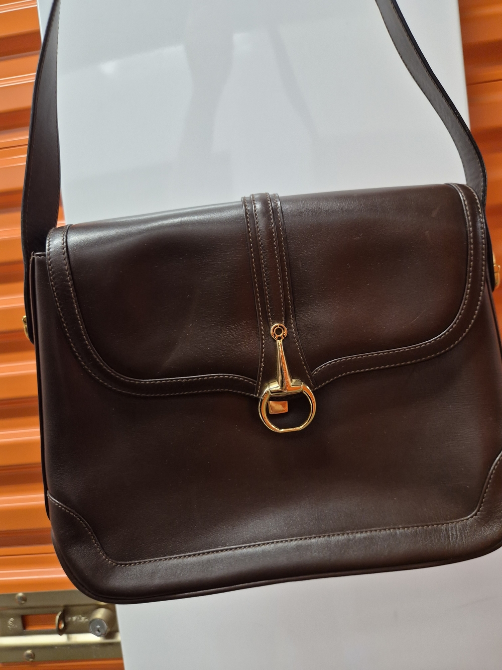 Vintage Chocolate Brown Leather Shoulder Bag with Gold Accent